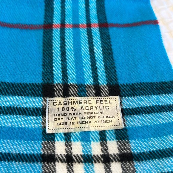 Electric Turquoise Blue Plaid Scarf - Unisex Cashmere Feel Size 12” x 72” - Picture 3 of 5